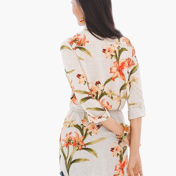 CHICO’S ~ NEW Spring Lily Utility Shirt Roll Tab Sleeves Waist Tie - Picture 2 of 10